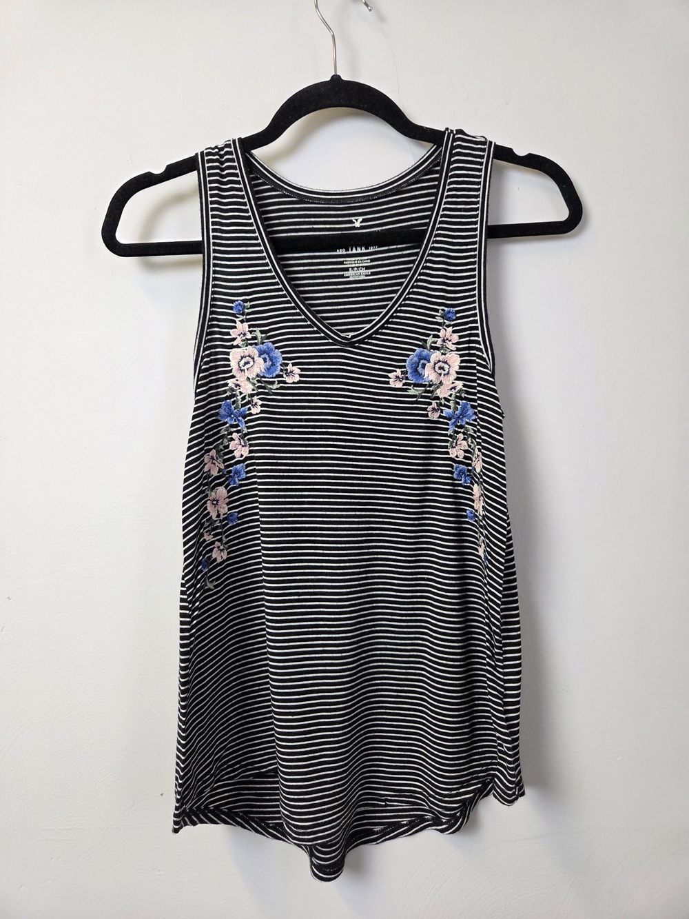 Striped V-Neck Tank with Blue & Pink Floral Embroidery